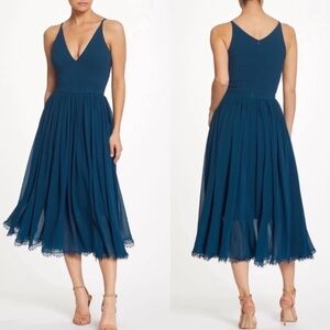 Dress The Population Alicia Chiffon Lace Fit & Flare Midi Dress Peacock Blue XXS